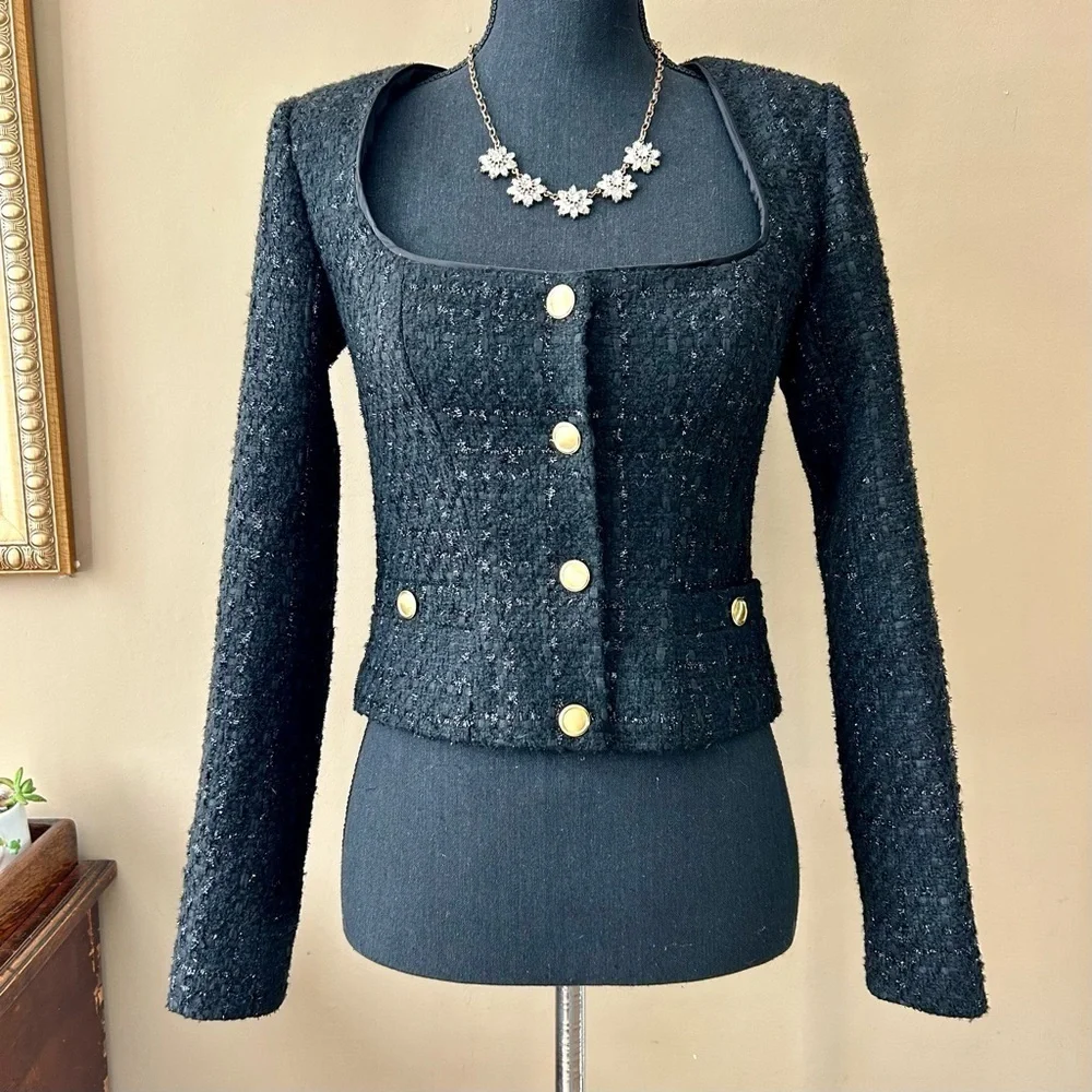 Revolve Assignment Bianca Jacket in Black Tweed Revolve Square Neck Size XS NWOT